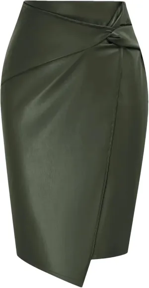 Women's PU Leather Pencil Skirt, Knot-Front Harajuku Mini