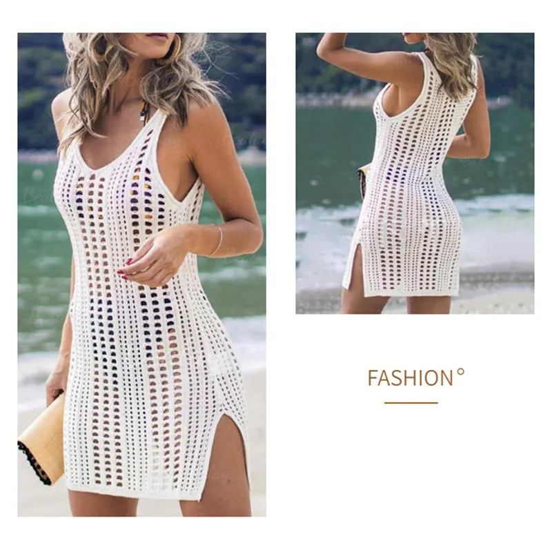 Women's Sexy Tank Vest See-through Knit Hollow Bikini Cover-up Dress