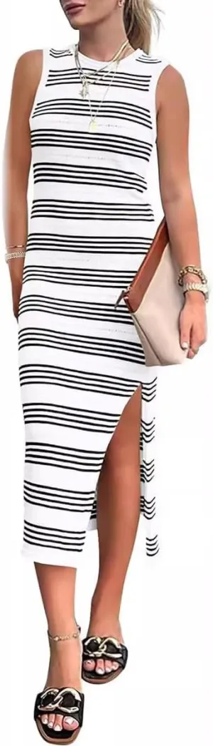 Women's Summer Bodycon Sundresses Slim-fit Dress Casual Midi Sleeveless Cut-Out Knit Side Slit Striped Long Vest Dress