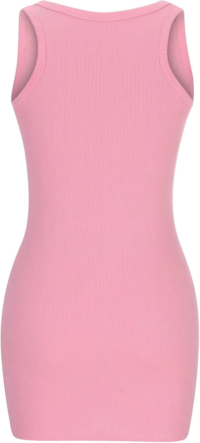XUNRYAN 2025 Summer Womens Tank Dresses Knit Ribbed Scoop Neck Sleeveless Basic Bodycon Mini Dress Casual Beach Sundress