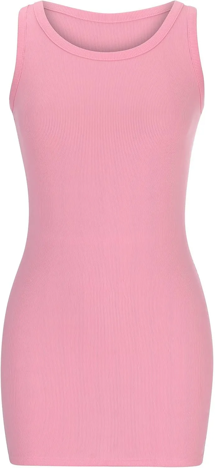 XUNRYAN 2025 Summer Womens Tank Dresses Knit Ribbed Scoop Neck Sleeveless Basic Bodycon Mini Dress Casual Beach Sundress
