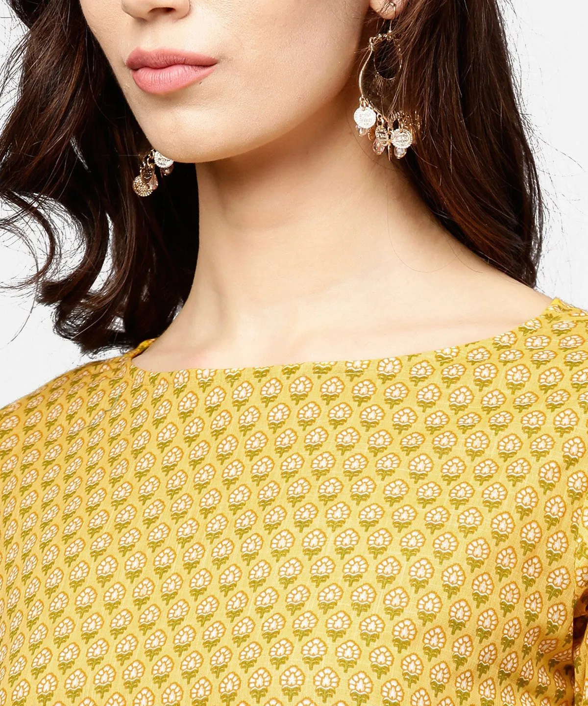Yellow 3/4Th Sleeve Cotton Kurta With Grey Printed Pallazo