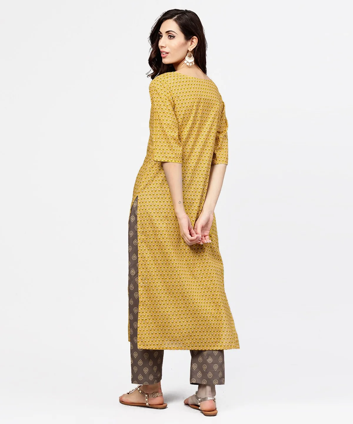 Yellow 3/4Th Sleeve Cotton Kurta With Grey Printed Pallazo