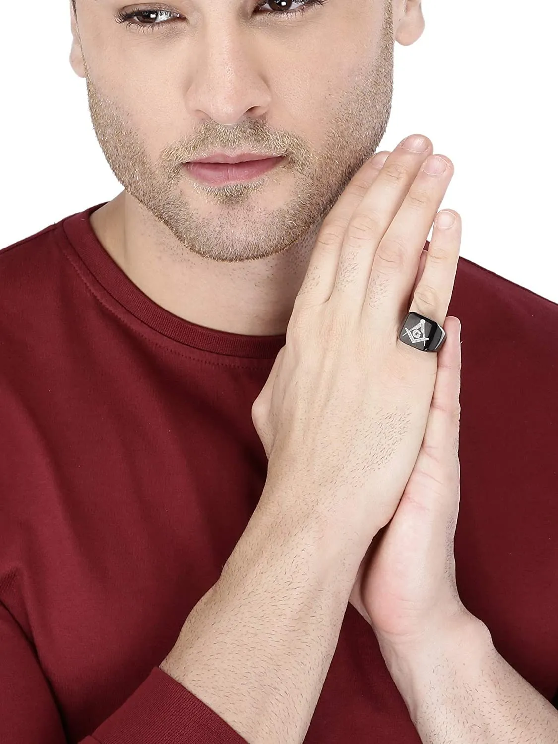 Yellow Chimes Rings for Men Rock Cool Casual Ring AG Masonic Logo Religious Freemason Symbol Black Titanium Steel Ring for Men & Boys. (10)