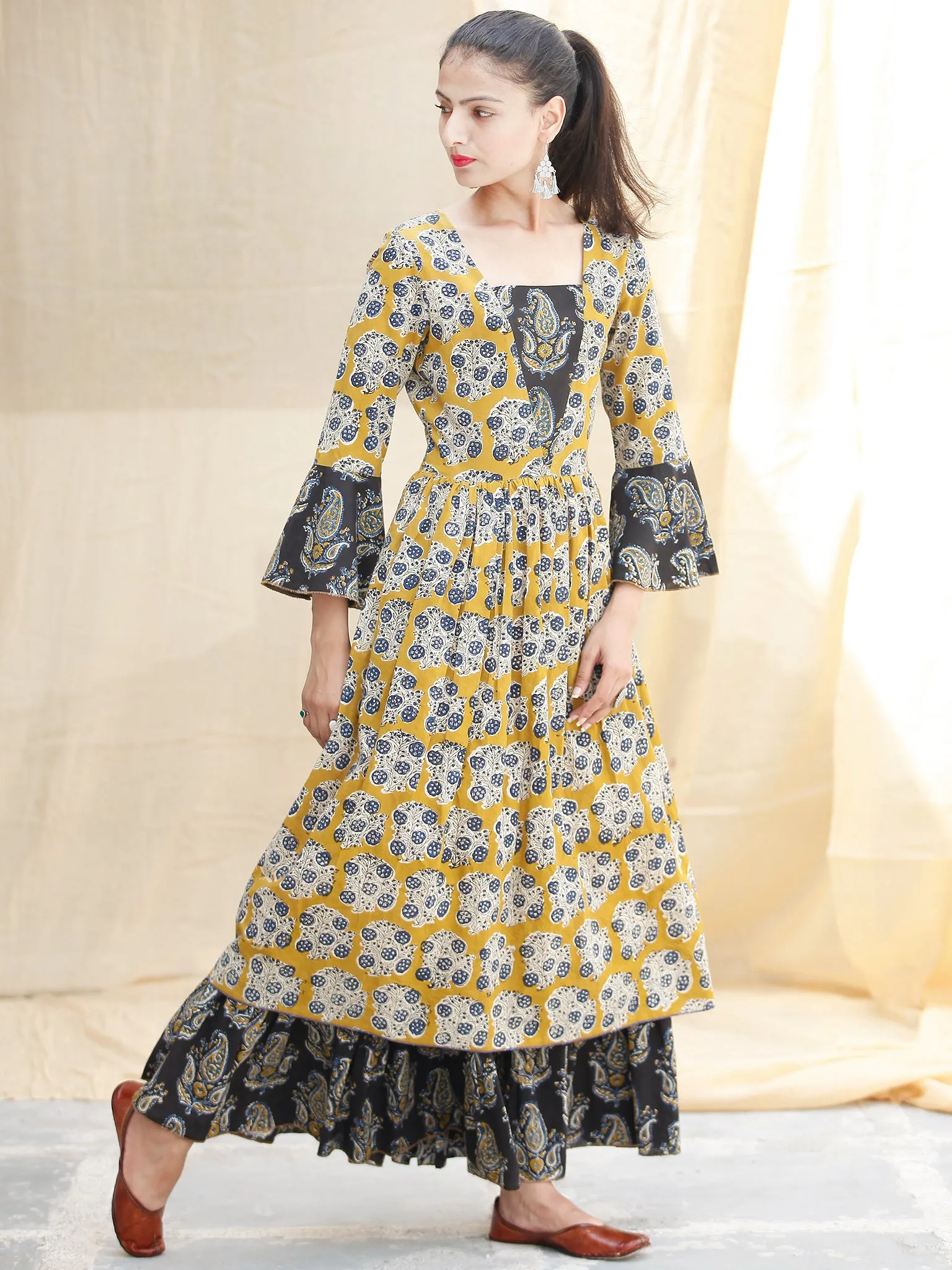 YELLOW IMPRINTS - Hand Block Printed Cotton Long Dress  - D142F1815