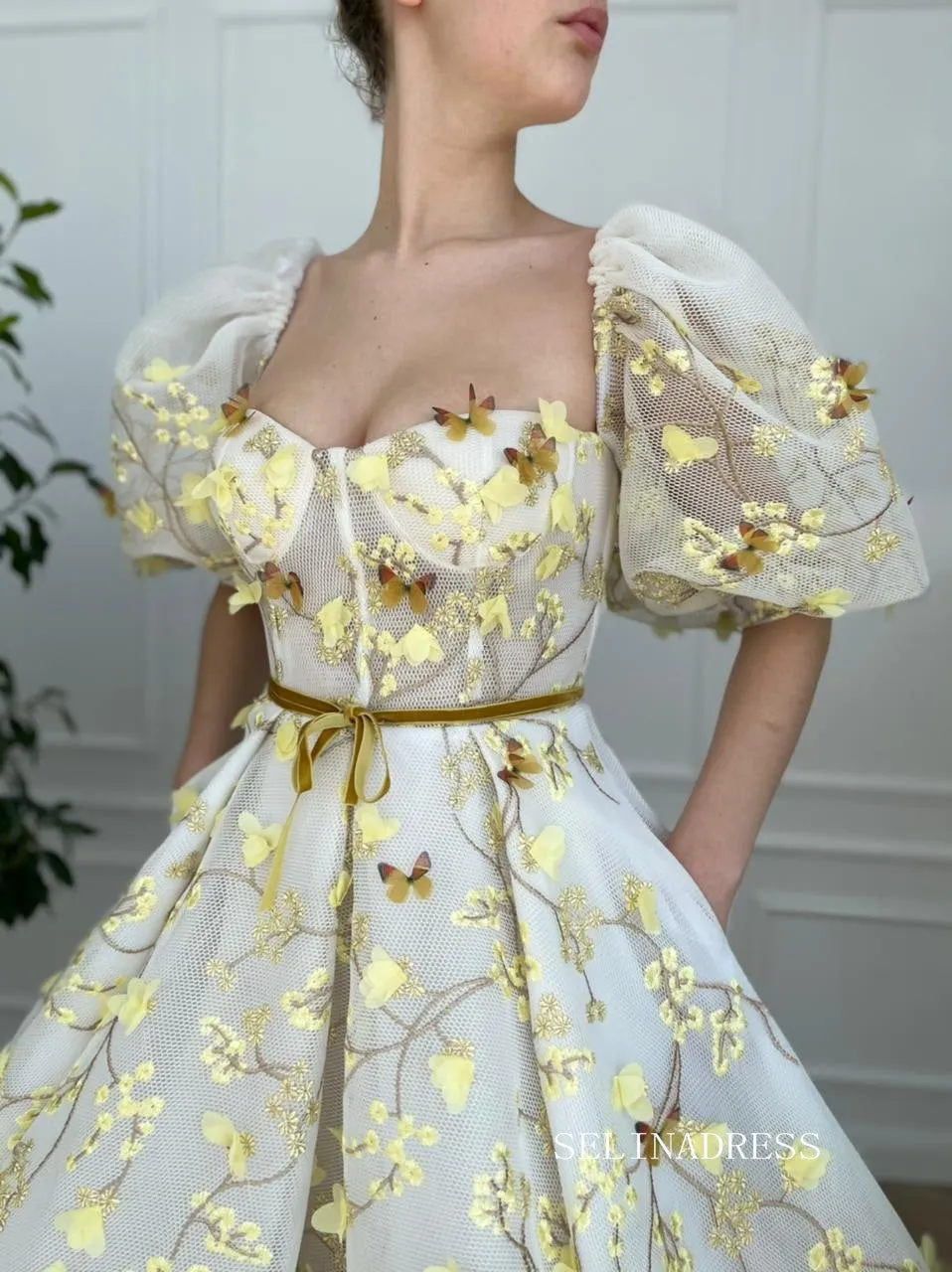 Yellow Midi Dress With Embroidery Floral Prom Dresses 2023 Beautiful Evening Gowns #LPO005