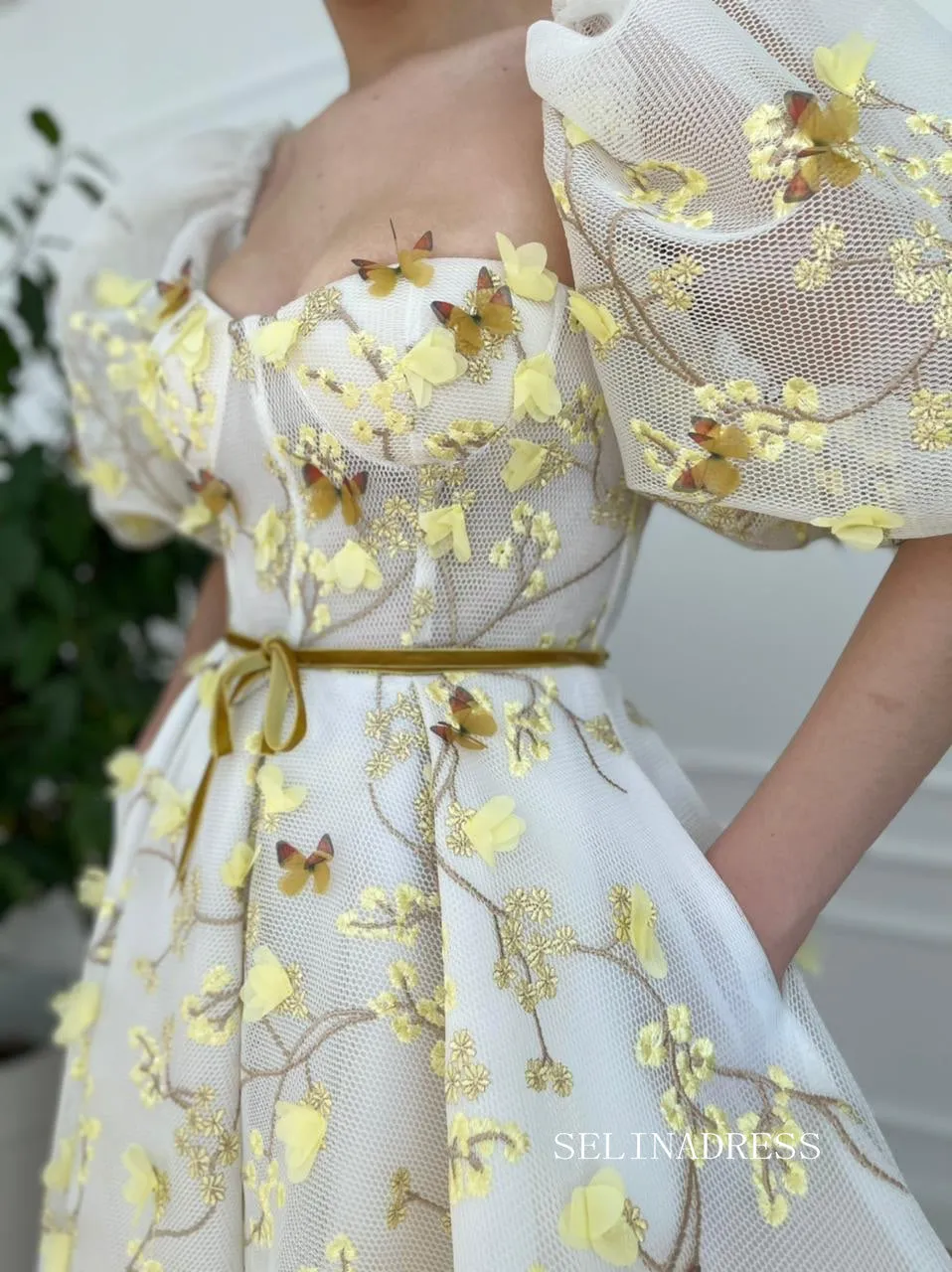 Yellow Midi Dress With Embroidery Floral Prom Dresses 2023 Beautiful Evening Gowns #LPO005