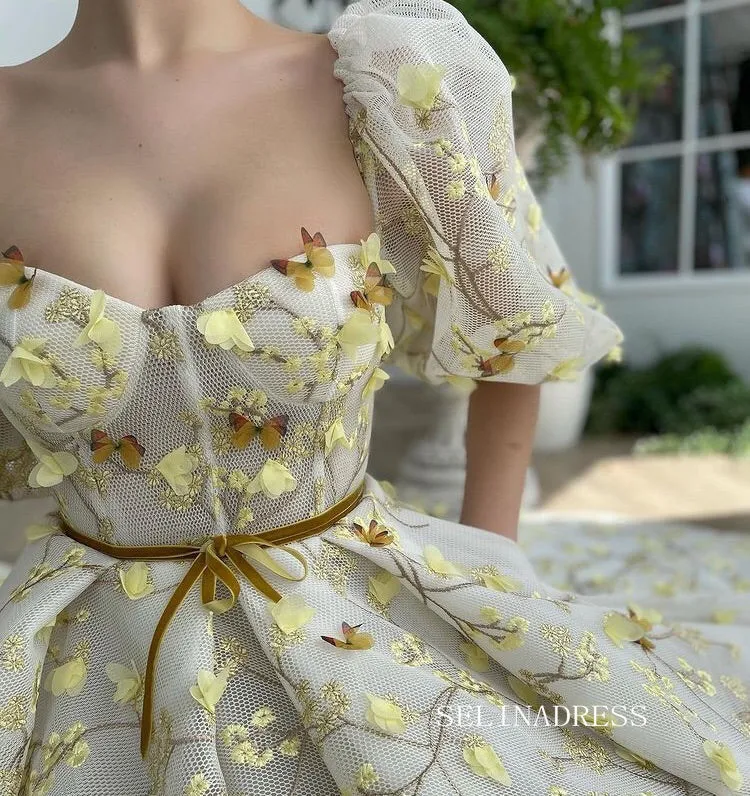Yellow Midi Dress With Embroidery Floral Prom Dresses 2023 Beautiful Evening Gowns #LPO005