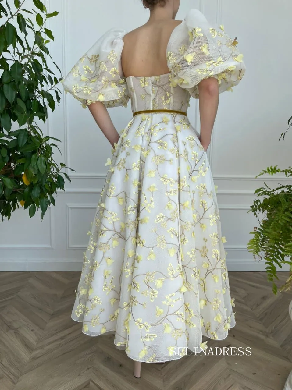 Yellow Midi Dress With Embroidery Floral Prom Dresses 2023 Beautiful Evening Gowns #LPO005