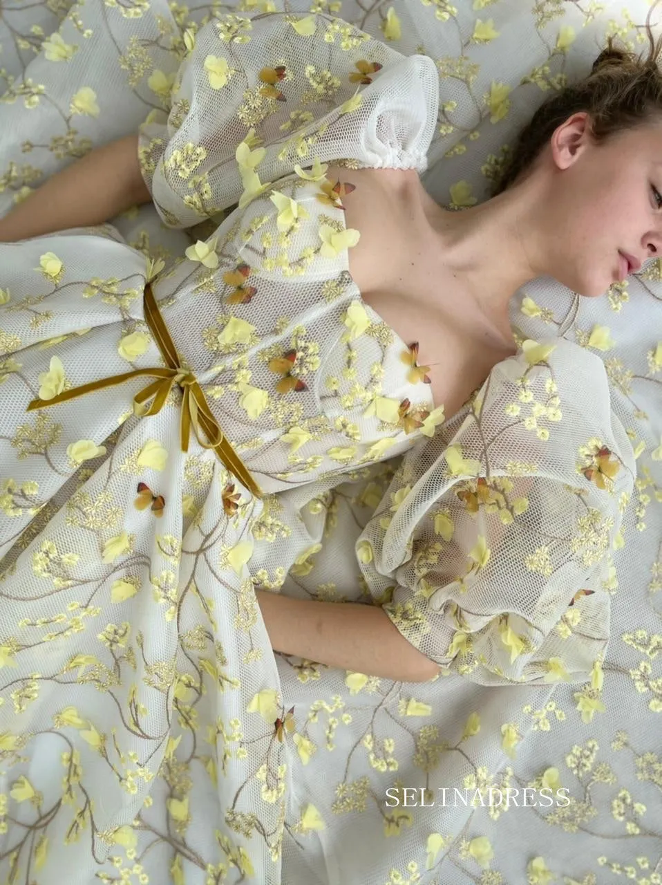 Yellow Midi Dress With Embroidery Floral Prom Dresses 2023 Beautiful Evening Gowns #LPO005