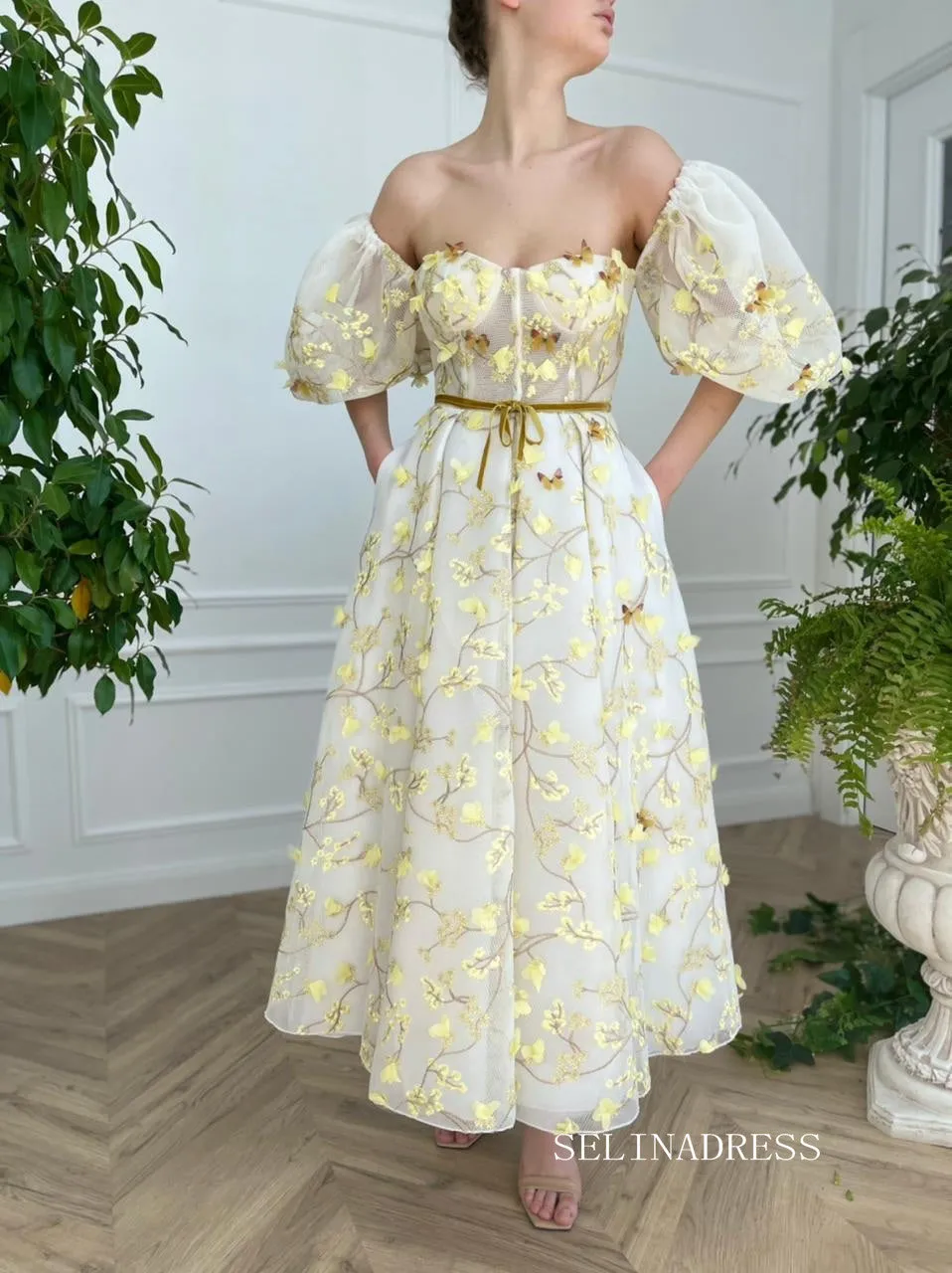 Yellow Midi Dress With Embroidery Floral Prom Dresses 2023 Beautiful Evening Gowns #LPO005