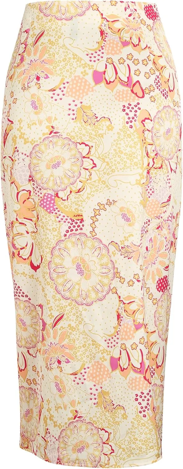 ZAFUL Women's Boho Skirt Asymmetrical Skirts Tied Floral Paisley Printed High Waist Ruched Skirts for Women