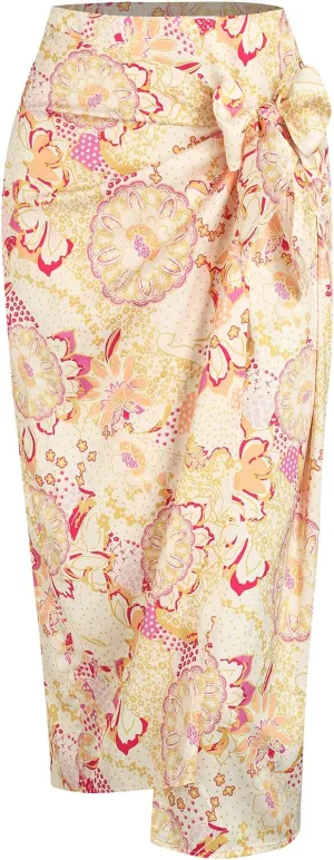 ZAFUL Women's Boho Skirt Asymmetrical Skirts Tied Floral Paisley Printed High Waist Ruched Skirts for Women