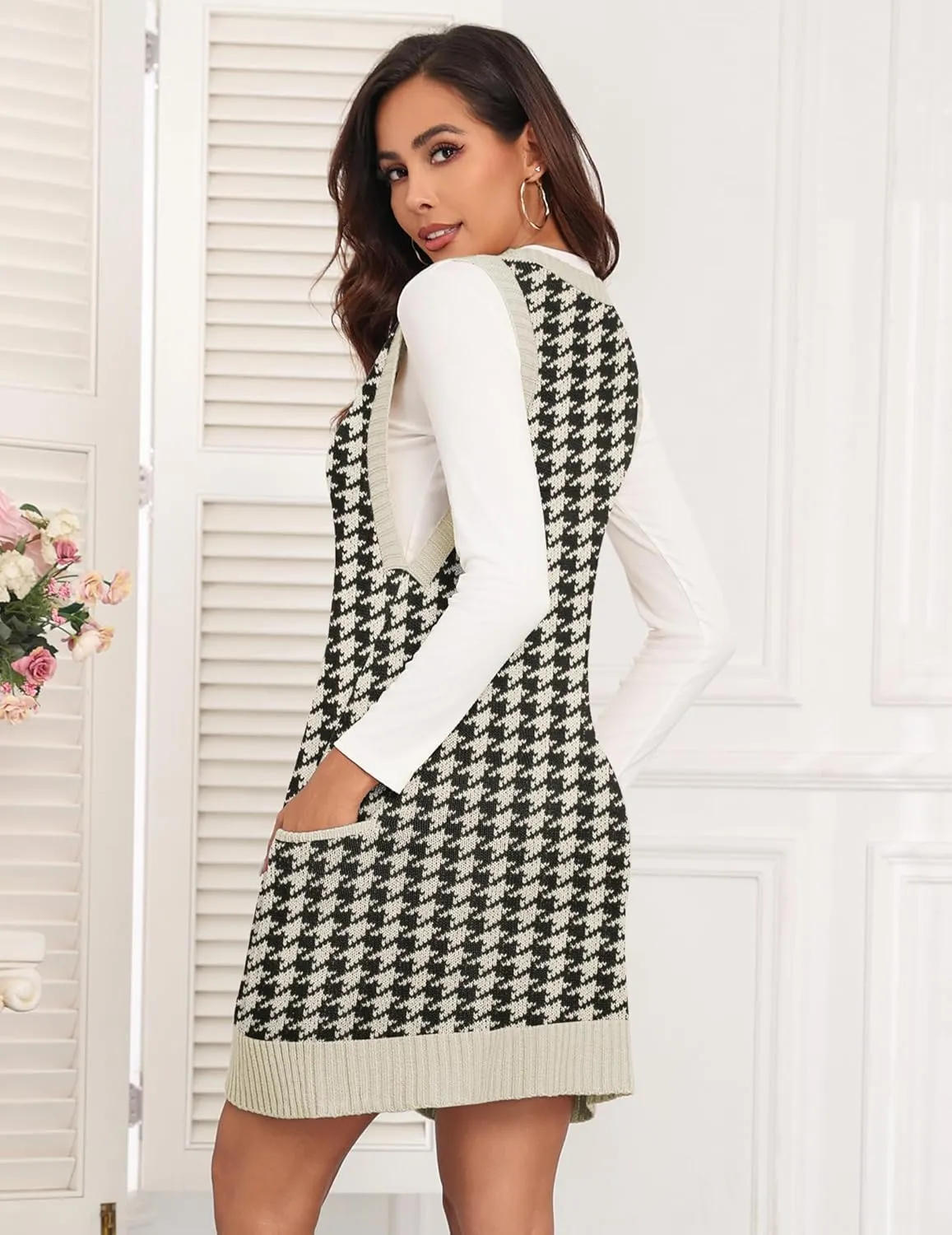 Zeagoo Womens Sweater Vest Dress Pattern Knitted Pullovers Sweaters V Neck Tank Sweater Dress with Pockets