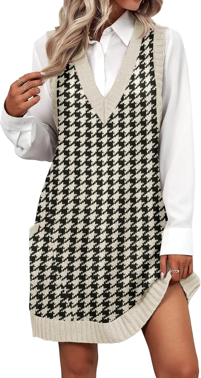 Zeagoo Womens Sweater Vest Dress Pattern Knitted Pullovers Sweaters V Neck Tank Sweater Dress with Pockets